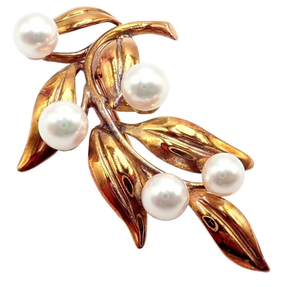 Vintage Tiffany & Co 18k Gold 5 Pearl Leaf Branch Pin Brooch 1987